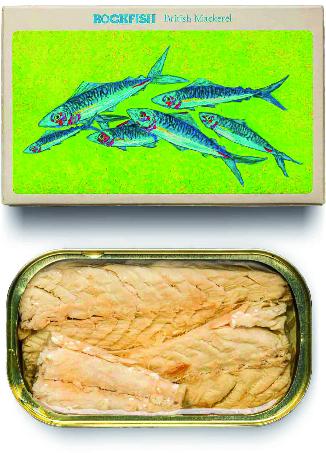 A picture of the box of Rockfish tinned mackerel, showing a watercolour of some mackerel swimming around. Below is an open can showing the fish as packaged.