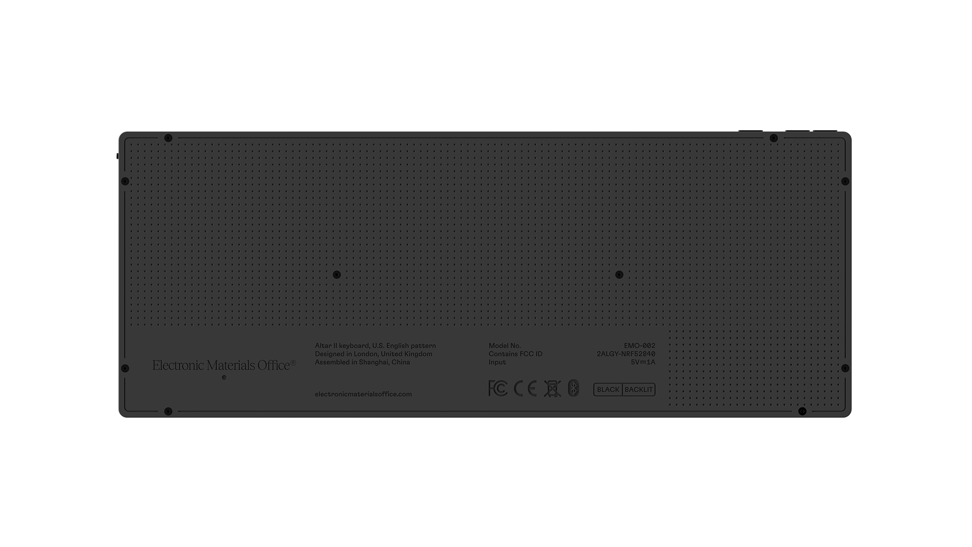 The underside of the Altar II keyboard, with a dotted texture, the Electronic Materials Office logo and the product’s regulatory details.