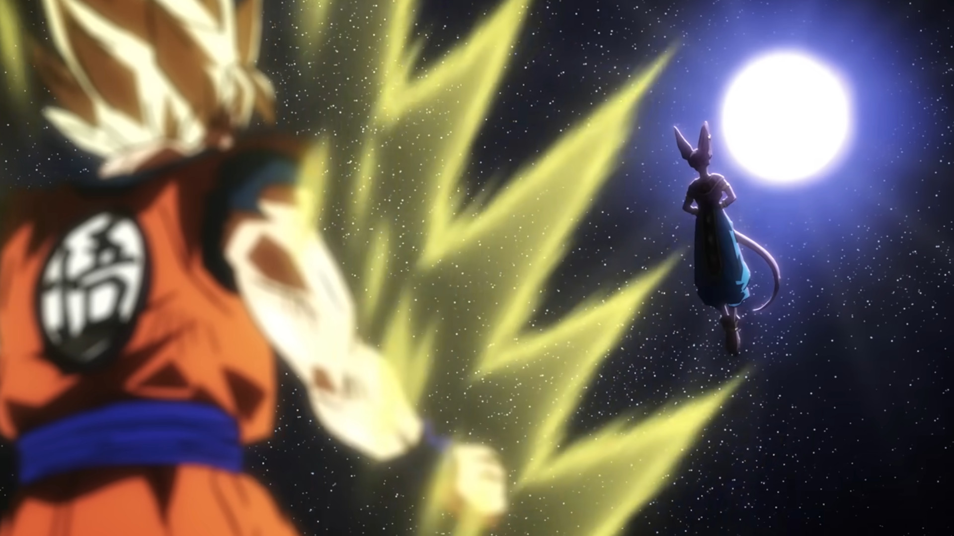 Goku looking up at Beerus floating in space during the trailer for Dragon Ball Super: Beerus
