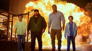 From left to right: Lucas (Benjamin Pajak), Brian (Kevin James), Jeff (Alan Ritchson), and CJ (Banks Pierce) in PLAYDATE.