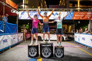 Top three individual women at 2021 USA CRITS, first place secured by Rachel Langdon (Instafund Racing)