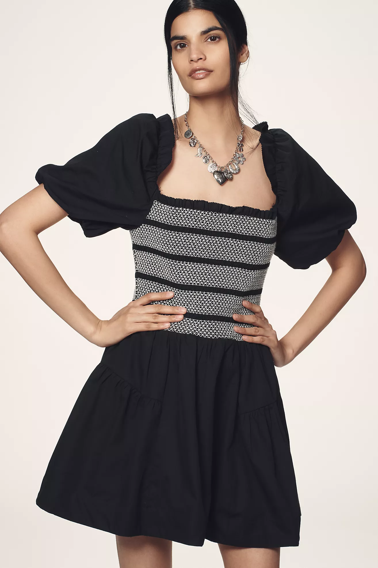 By Anthropologie Puff-Sleeve Square Neck Smocked Mini Dress