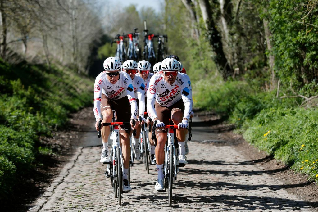 ROUBAIX FRANCE APRIL 14 LR Michael Schr of Switzerland Greg Van Avermaet of Belgium and AG2R Citren Team with teammates train during the 119th ParisRoubaix 2022 Training ParisRoubaix WorldTour on April 14 2022 in Roubaix France Photo by Bas CzerwinskiGetty Images