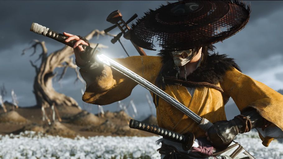 A screenshot from the Ghost of Yotei State of Play 2024 PS5 announcement trailer showing Atsu drawing a sword