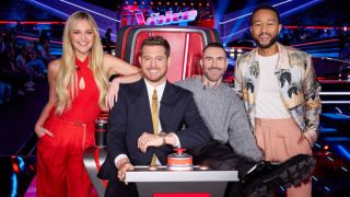 Kelsea Ballerini, Michael Buble, Adam Levine and John Legend on The Voice Season 27.