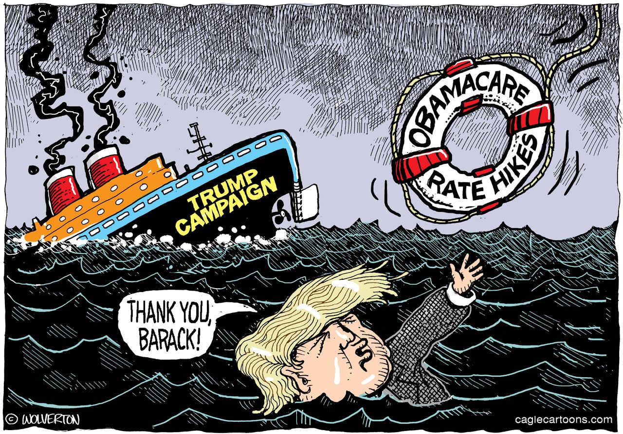 Political cartoon U.S. 2016 election Donald Trump Obamacare lifesaver