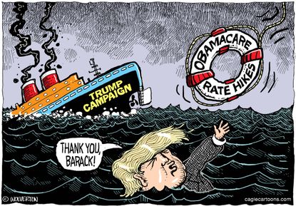 Political cartoon U.S. 2016 election Donald Trump Obamacare lifesaver
