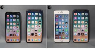 An iPhone XI Plus next to an iPhone 8 Plus (right) and an iPhone 9 next to an iPhone X (left)
