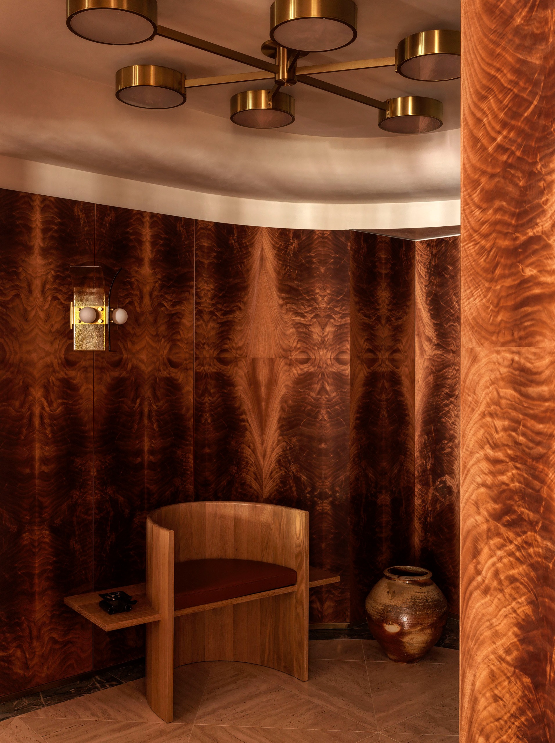 an entryway with various wood tones