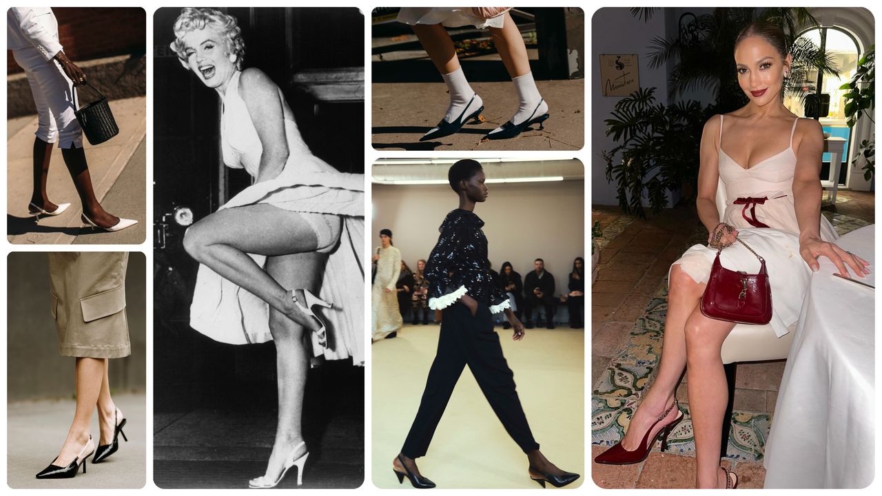 A collage of street style images of women wearing slingback heels, Altuzarra Fall 2024 slingback heels, Marilyn Monroe in white slingback heels and a white dress, and Jennifer Lopez wearing a pink slip dress and red slingback heels