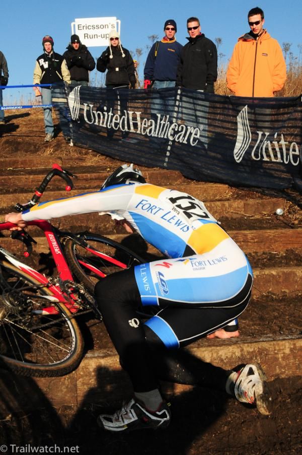 Ryan Dorsey (Fort Lewis) takes a spill on the icy steps.