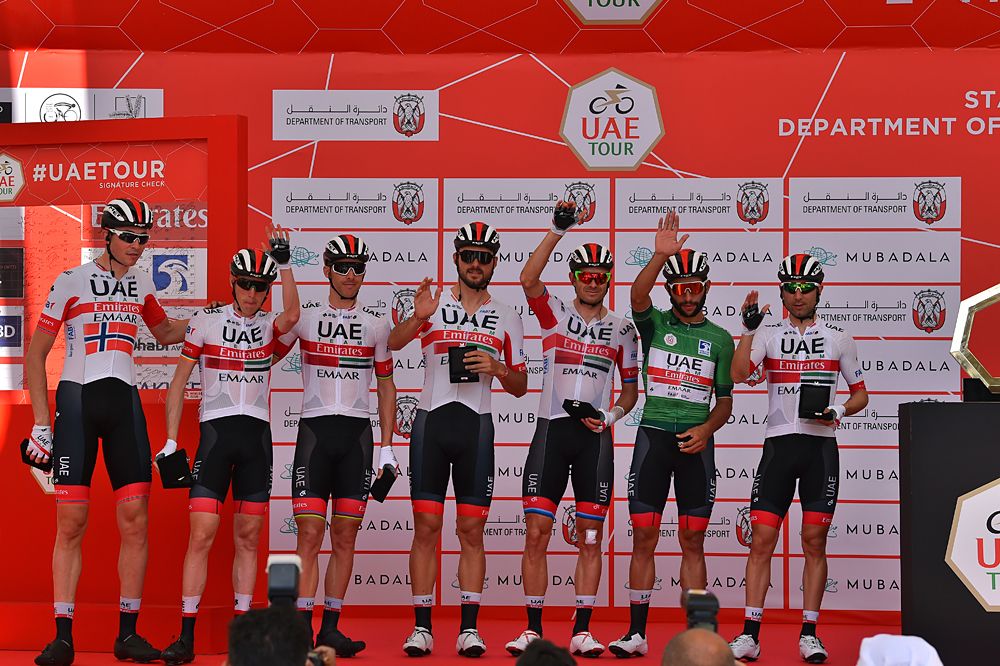 UAE Team Emirates on stage ahead of stage 3 UAE Tour