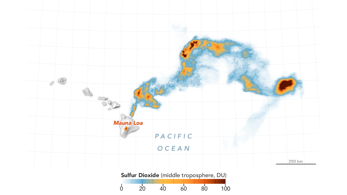 Europe's Copernicus Sentinel-5P satellite monitored sulfur dioxide ejected into the atmosphere above Hawaii on Nov. 28, 2022.