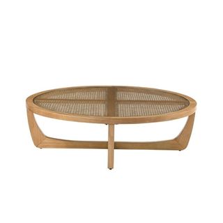 Beautiful Rattan & Glass Coffee Table With Solid Wood Frame by Drew Barrymore, Warm Honey Finish