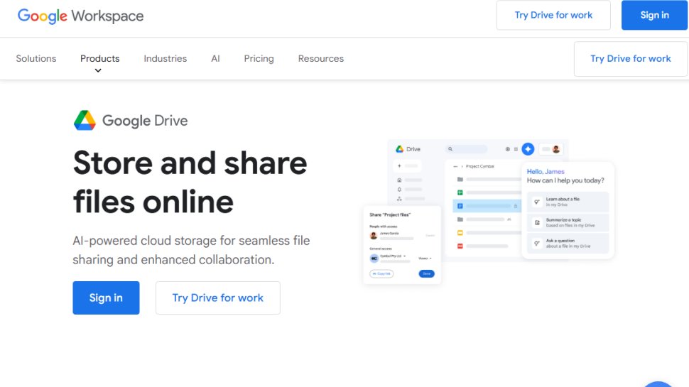 Website screenshot of Google Drive (August, 2025)