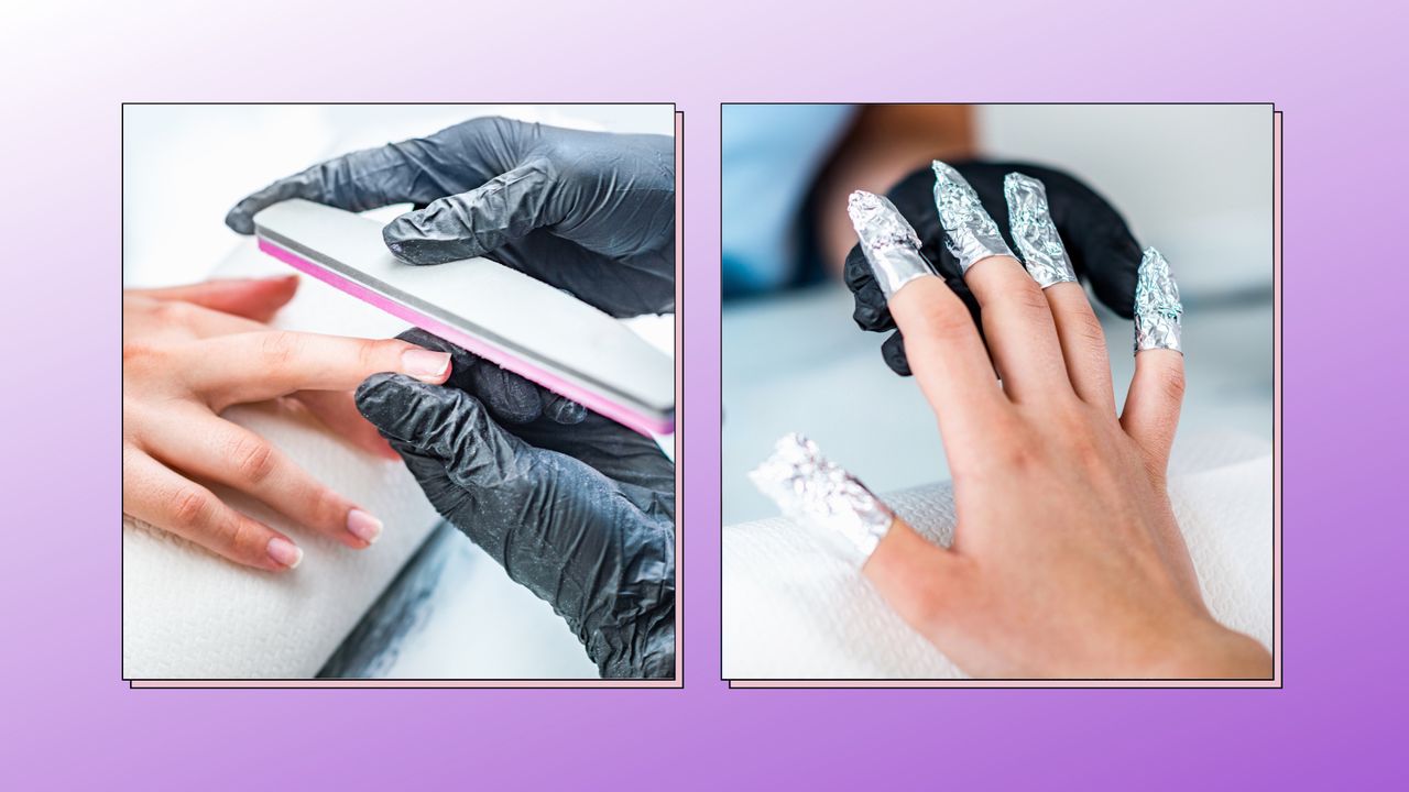 two close up shots of gel nail polish being removed from a woman&#039;s hands