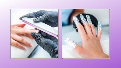 two close up shots of gel nail polish being removed from a woman's hands