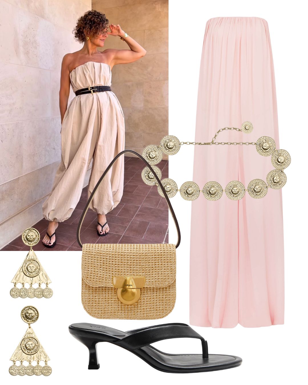 a photo of renia jaz wearing a jumpsuit surrounded by cut-outs of earrings, a bag, belt, shoes and jumpsuit