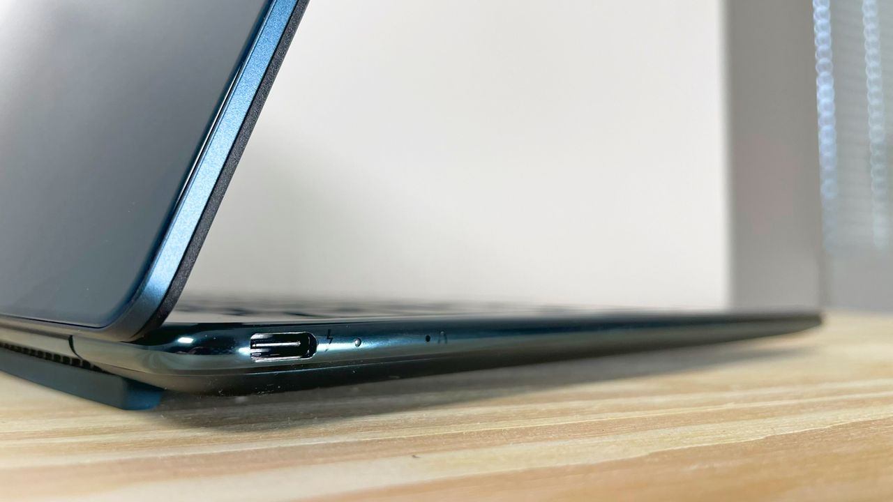 Close up of the USB Type-C port on the left side of the Lenovo Yoga Slim 9i