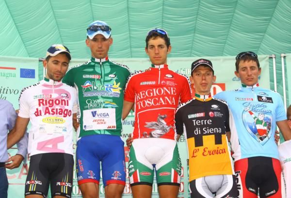 The stage 3 podium: Matteo Busato (Zalf Desiree Fior), Daniele Cavasin (Generali Ballan), Gianfranco Zilioli (Team Colpack), Moreno Moser (Team Lucchini), Matteo Di Serafino (Vega)