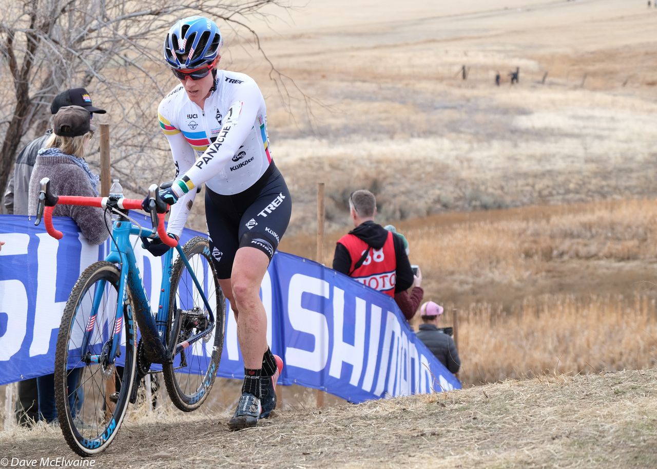 Katie Compton (Trek Cyclocross Collective) cresting the biggest climb during lap three
