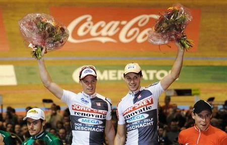 Illjo Keisse, left, and Peter Schep celebrate their overall victory in the 70th Gent Six Day.