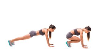 Woman performing a high plank in the left image and a plank tuck with knees bent in the second image