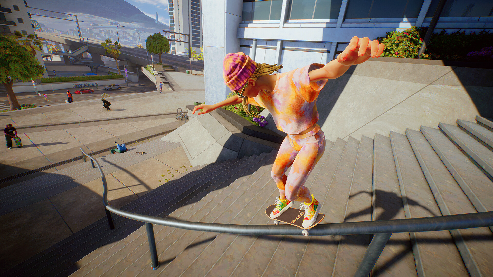 Skate screenshot showcasing a skater grinding down a set of stairs