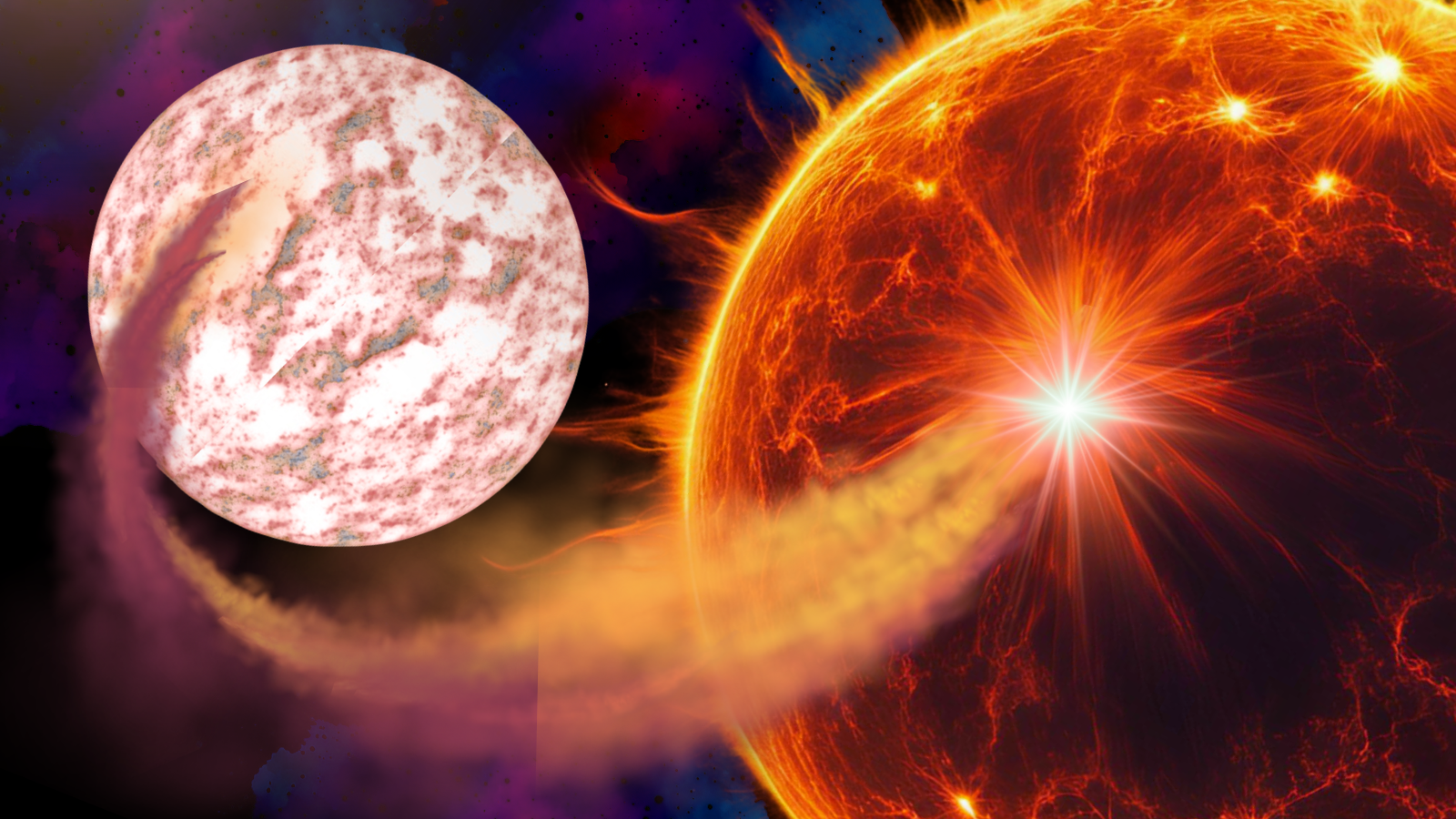 An illustration of a star slowly devouring a brown dwarf companion