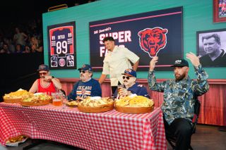 Jason Sudeikis, Robert Smigel, Patrick Mahomes, George Wendt, and Travis Kelce perform onstage during 2024 Big Slick Celebrity Weekend on June 01, 2024 in Kansas City, Missouri