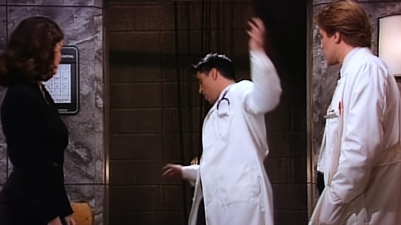 Dr. Drake Ramoray falls down an elevator shaft on Days of Our Lives on Friends.