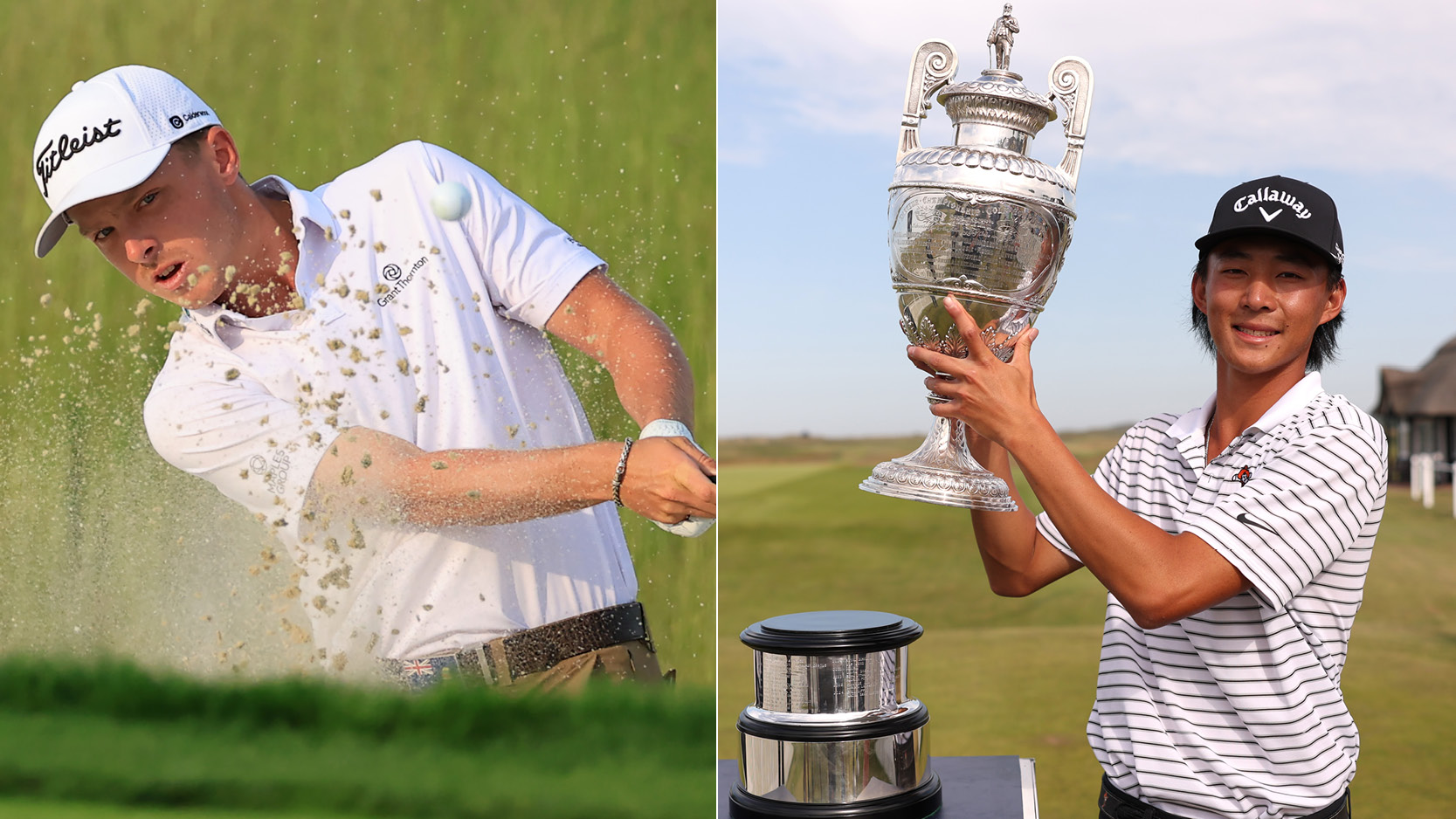 Justin Hastings hits a bunker shot, Ethan Fang holds The Amateur Championship trophy