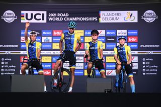 LEUVEN BELGIUM SEPTEMBER 24 Maksym Bilyi of Ukraine Denys Khotulov of Ukraine Daniil Nikulin of Ukraine and Yaroslav Parashchak of Ukraine during the team presentation prior to 94th UCI Road World Championships 2021 Men U23 Road Race a 1609km race from Antwerp to Leuven flanders2021 on September 24 2021 in Leuven Belgium Photo by Alex Broadway PoolGetty Images