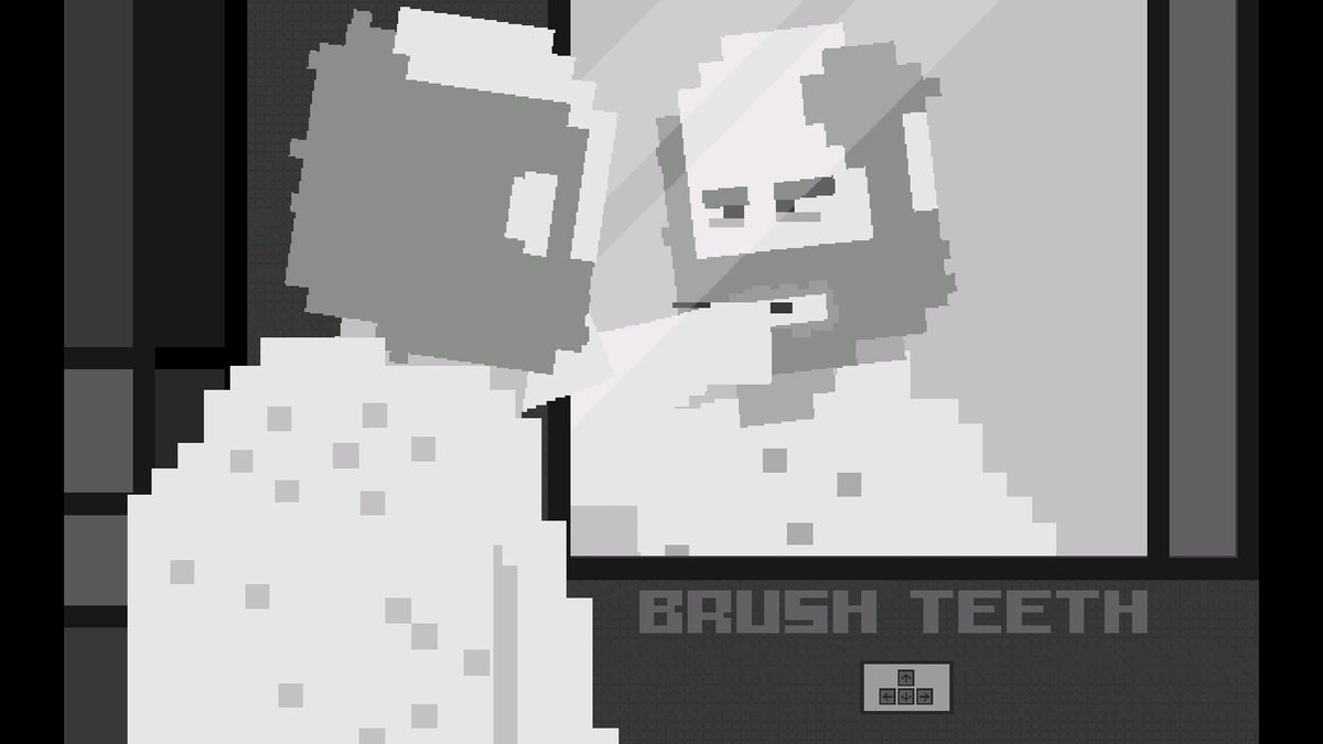 Bearded, monochrome, pixel man brushes his teeth in the mirror in a screenshot from Cart Life&#039;s remake