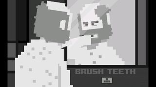 Bearded, monochrome, pixel man brushes his teeth in the mirror in a screenshot from Cart Life's remake
