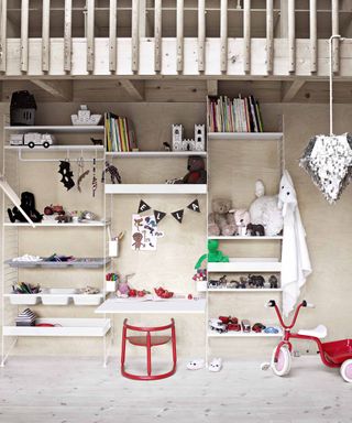 Toy storage on modular shelving in playroom