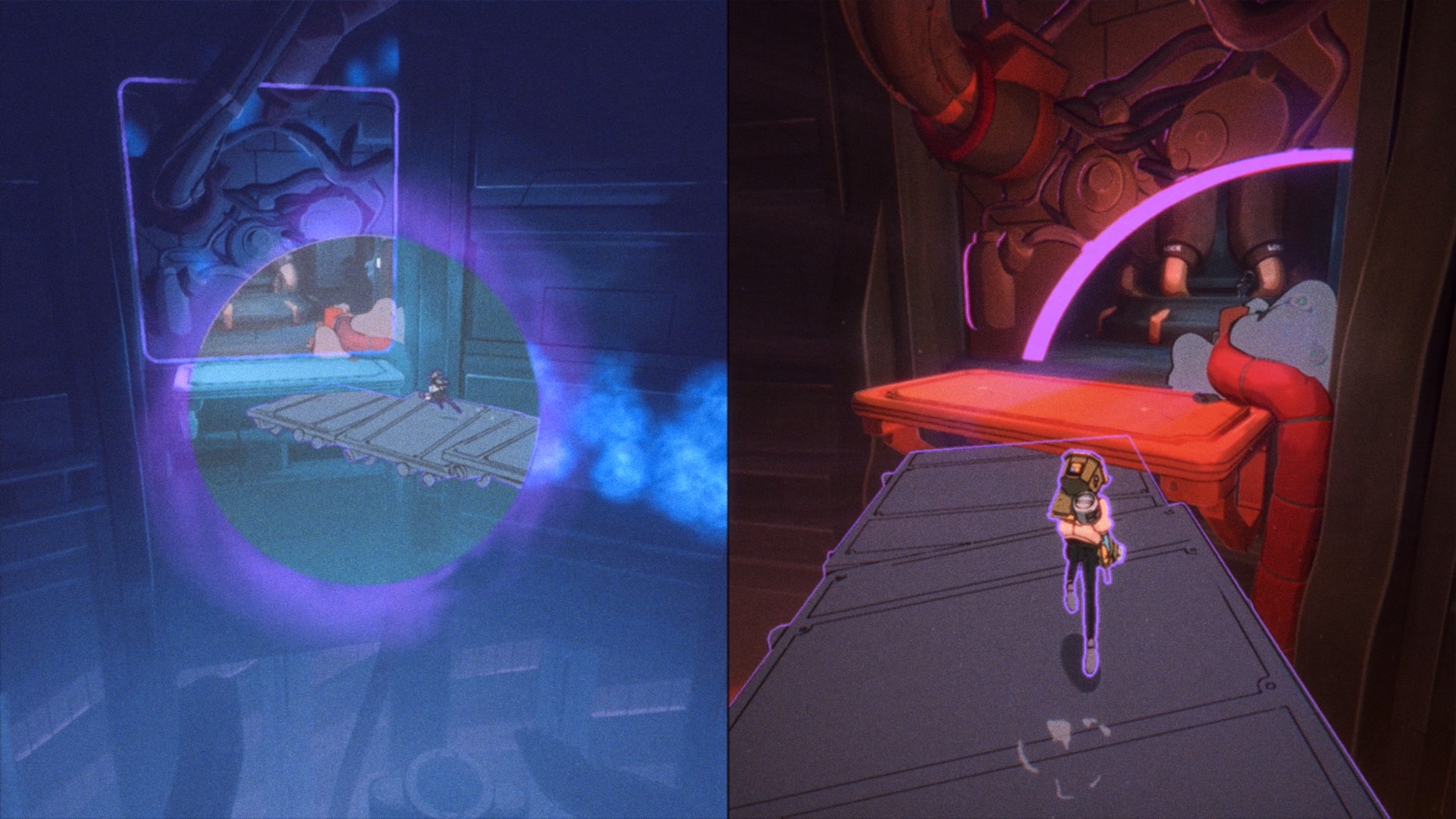 Maki and Omura platform through a level in Orbitals in split-screen