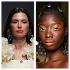 two models wearing orange lipstick