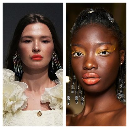 two models wearing orange lipstick