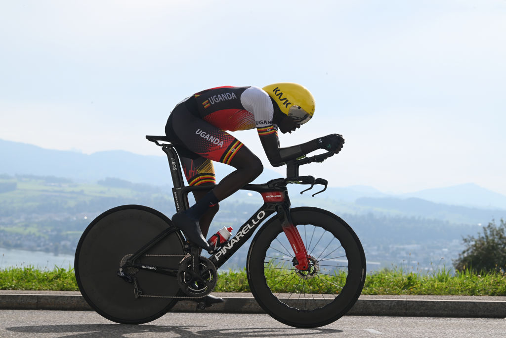 ZURICH, SWITZERLAND - SEPTEMBER 22: Charles Kagimu of Team Uganda sprints 97th UCI Cycling World Championships Zurich 2024 &amp;ndash; Men&#039;s Elite Individual Time Trial a 46.1km one day race from Gossau to Z&amp;uuml;rich on September 22, 2024 in Zurich, Switzerland. (Photo by Dario Belingheri/Getty Images)