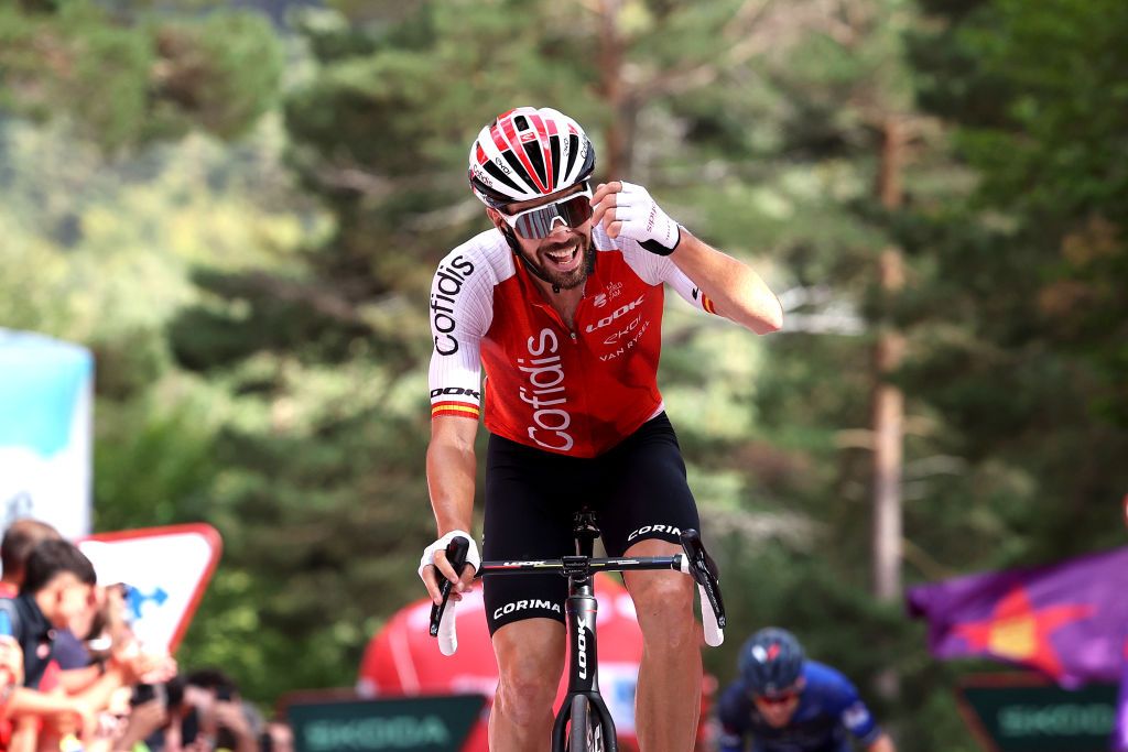LA LAGUNA NEGRAVINUESA SPAIN SEPTEMBER 06 Jess Herrada of Spain and Team Cofidis celebrates at finish line as stage winner during the 78th Tour of Spain 2023 Stage 11 a 1632km stage from Lerma to La Laguna Negra Vinuesa 1730m UCIWT on September 06 2023 in La Laguna NegraVinuesa Spain Photo by Alexander HassensteinGetty Images
