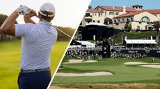 A golfer hits a golf ball of the tee, with a general view of Riviera Country Club next to him