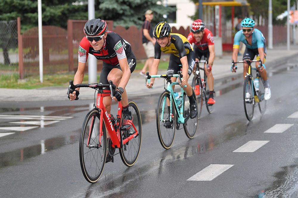 Tejay van Garderen (BMC) leads the break in the rain