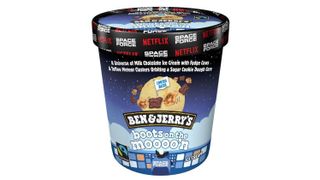 Ben & Jerry's "Boots on the Moooo'n" flavor features "a universe of milk chocolate ice cream with fudge cows and almond toffee meteor clusters orbiting a sugar cookie dough core."