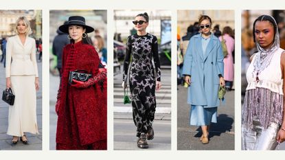 composite of five images showing various people in outfits seen in paris fashion week 2023 street style