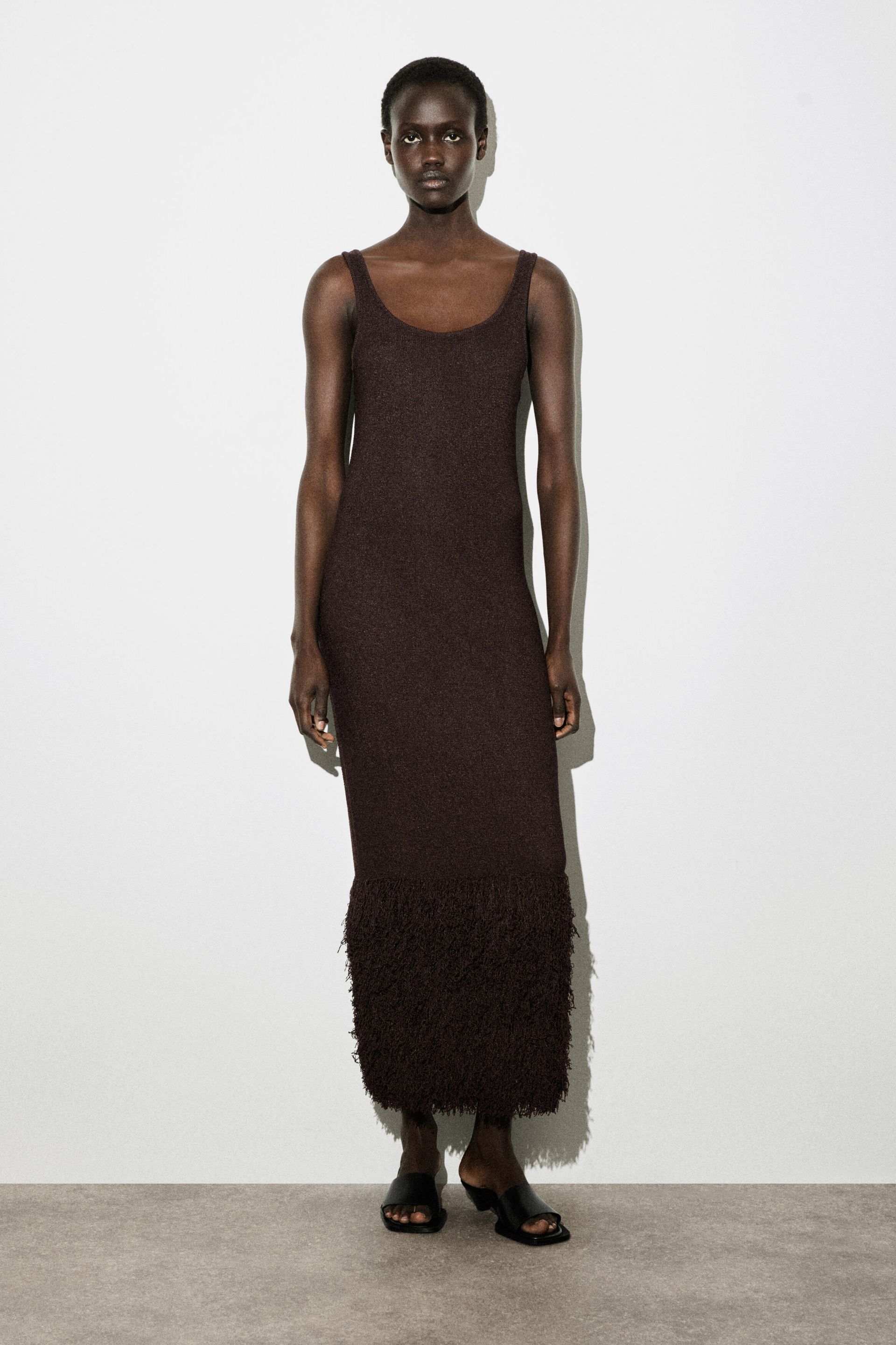 Fringed-Hem Knitted Column Dress