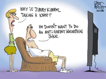 Political cartoon U.S. Jimmy Kimmel Weinstein taking a knee