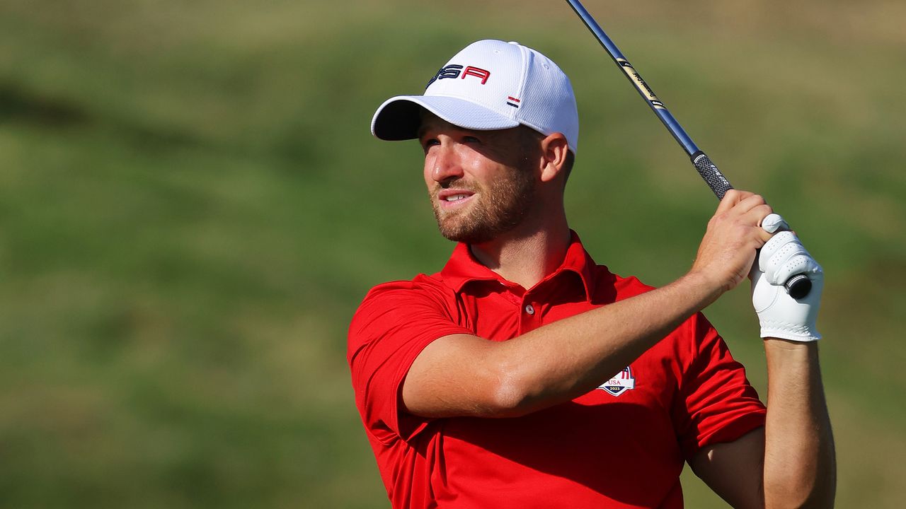 Wyndham Clark hits a shot during Ryder Cup practice