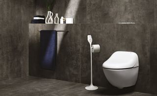 Dark grey marble floor and walls washroom, white Giovannoni washlet’ , white floor standing toilet roll holder, silver towel rail with dark blue folded towel, folded towels, white ornaments and plant on back wall platform