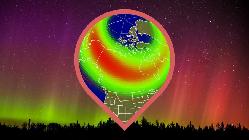 graphic showing a map of where auroras might be visible over the US tonight oct 2, the background of the image is a vibrant northern lights display with curtains of green and red light.